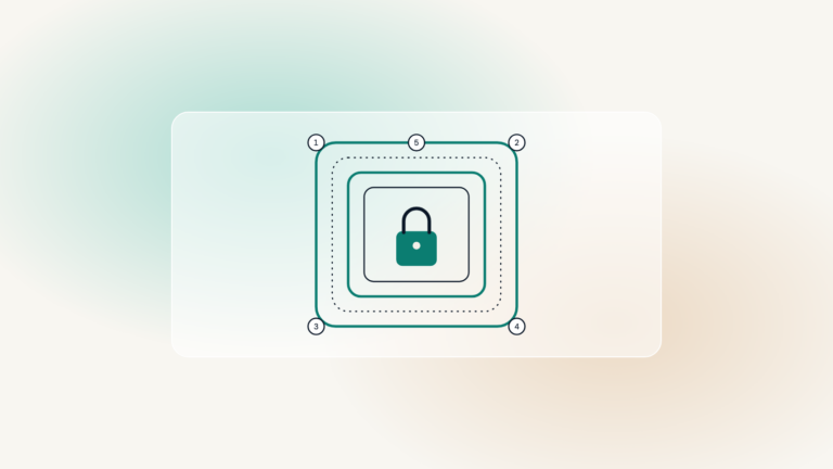 Nested security layers around a padlock, five numbered points