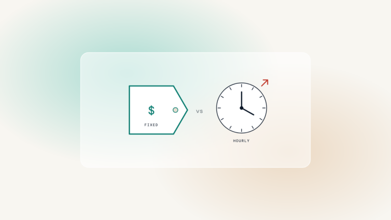 A price tag marked fixed next to a clock marked hourly, with a red arrow rising from the clock.