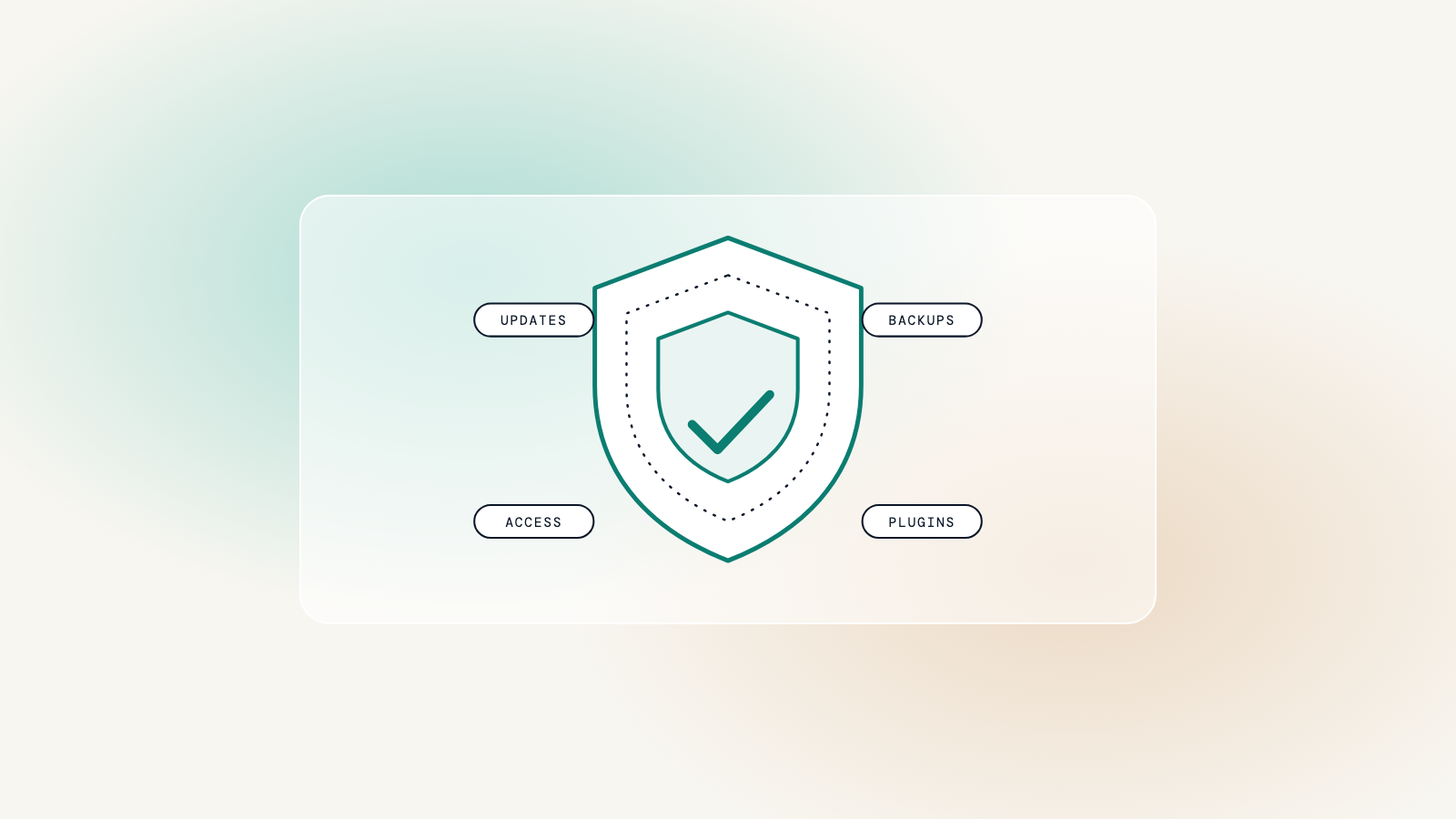 A shield with a check mark, surrounded by four labels: updates, backups, access and plugins.