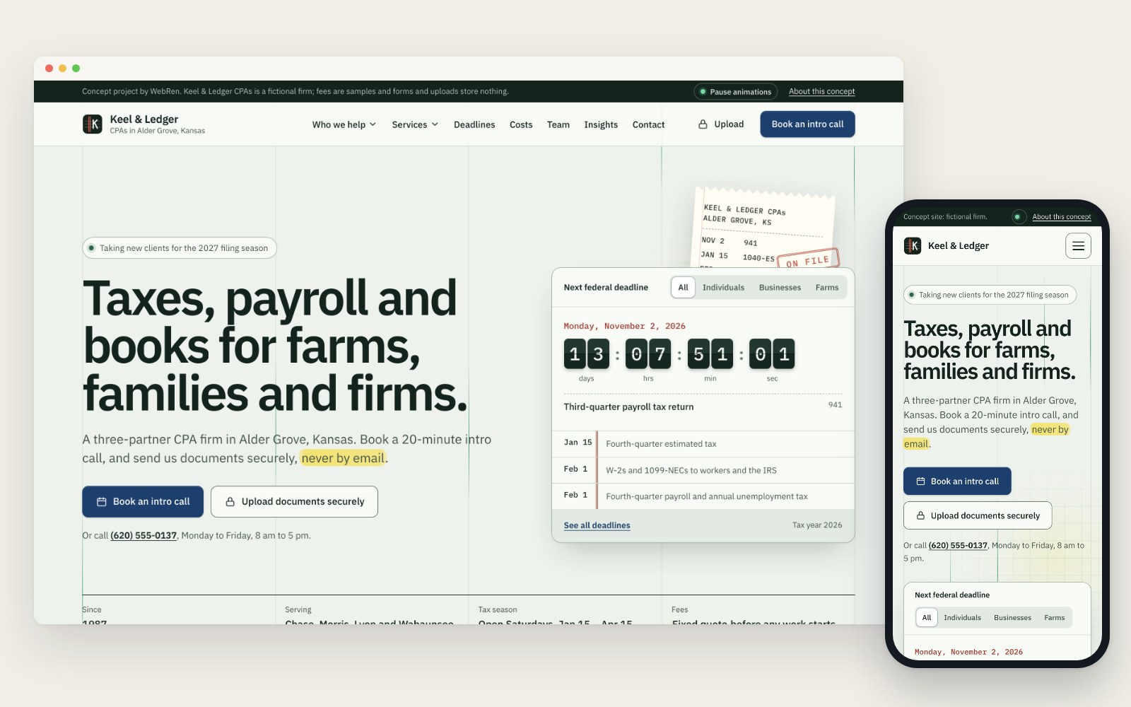 The Keel & Ledger homepage on a desktop browser and a phone: Taxes, payroll and books for Flint Hills families, with a live deadline countdown.