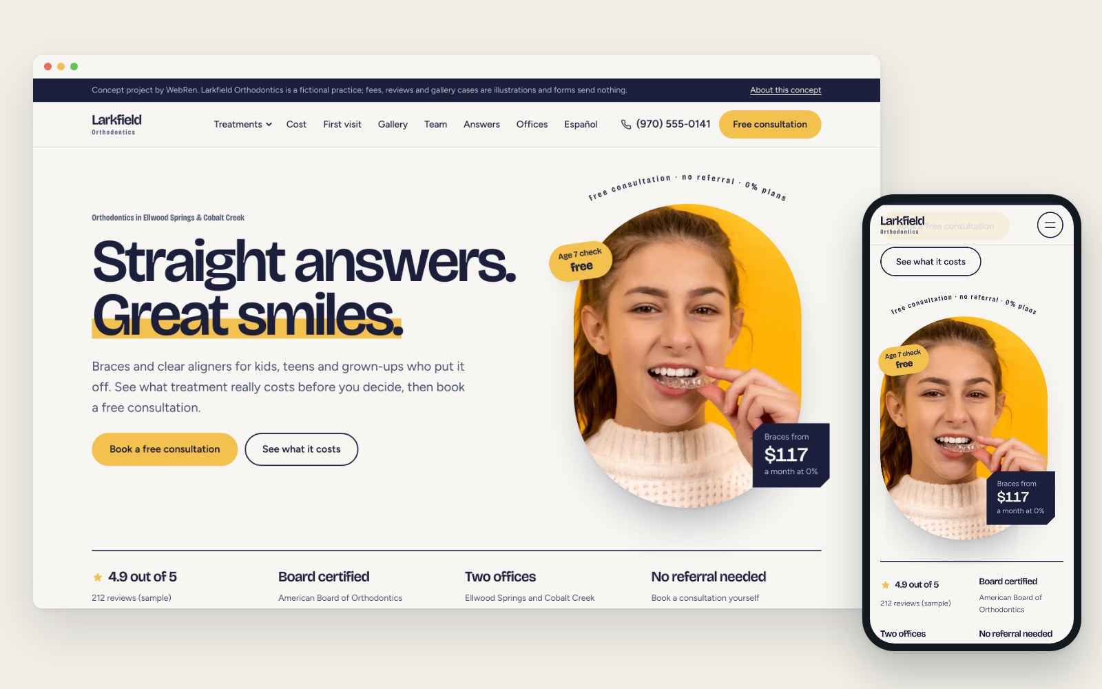 The Larkfield Orthodontics homepage on a desktop browser and a phone: Straight answers. Great smiles. with a smiling patient photo.