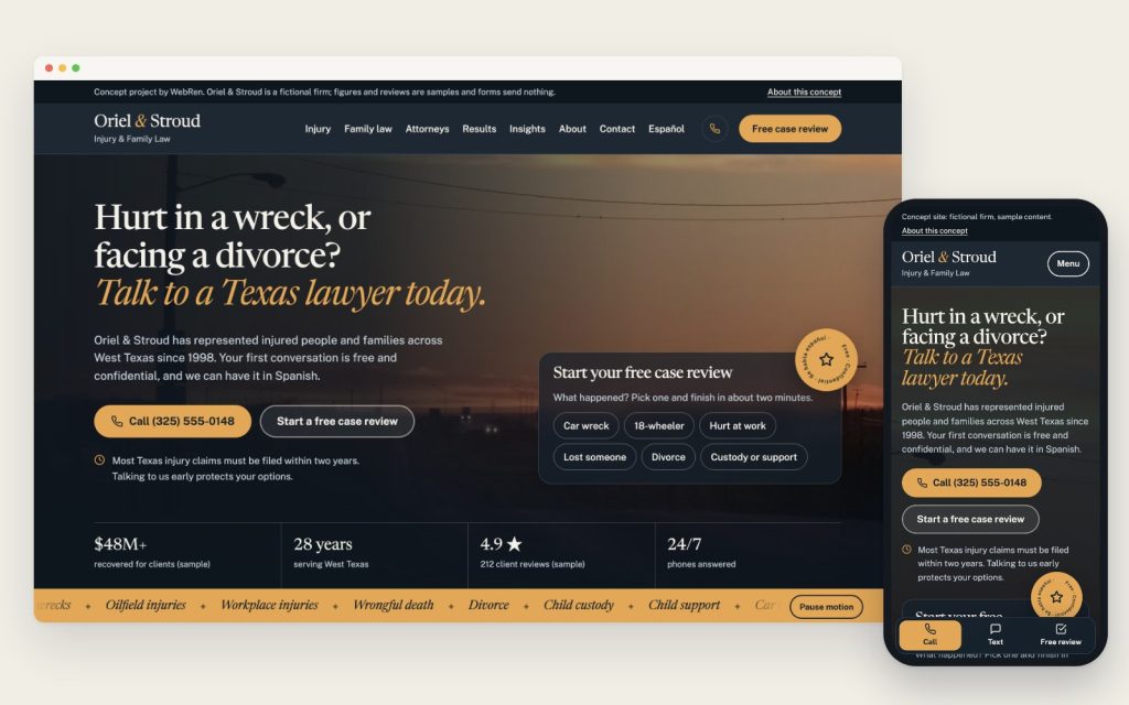 The Oriel & Stroud homepage on a desktop browser and a phone: Hurt in a wreck, or facing a divorce? with a free case review panel.