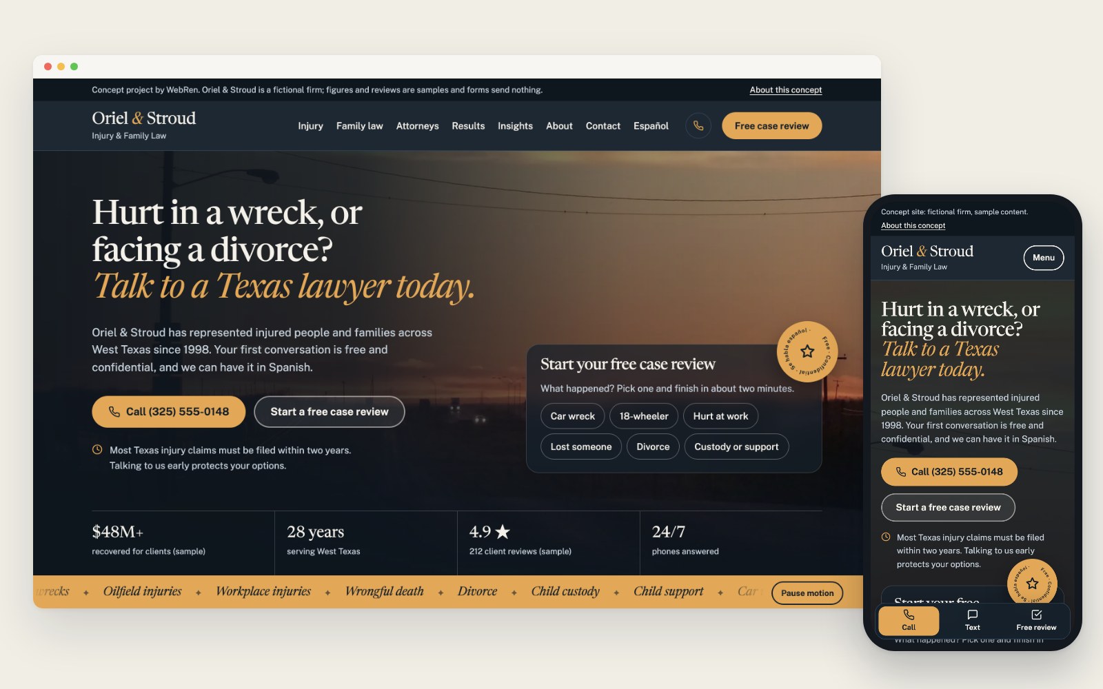 The Oriel & Stroud homepage on a desktop browser and a phone: Hurt in a wreck, or facing a divorce? with a free case review panel.