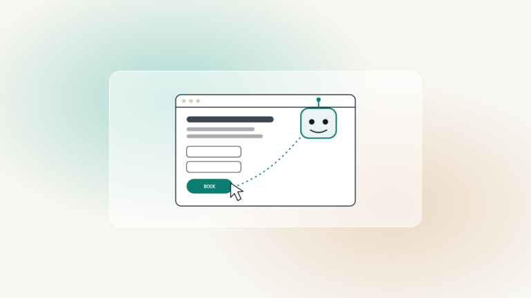 A browser window with a form and a book button, a friendly robot icon, and a dotted path from the robot to the button.