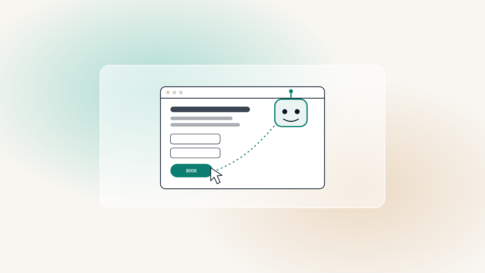 A browser window with a form and a book button, a friendly robot icon, and a dotted path from the robot to the button.