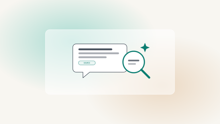 A chat bubble with a source tag next to a magnifying glass and a sparkle.