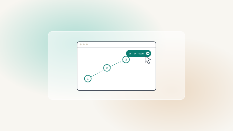 A browser window with three numbered steps leading along a dotted path to a get in touch button.