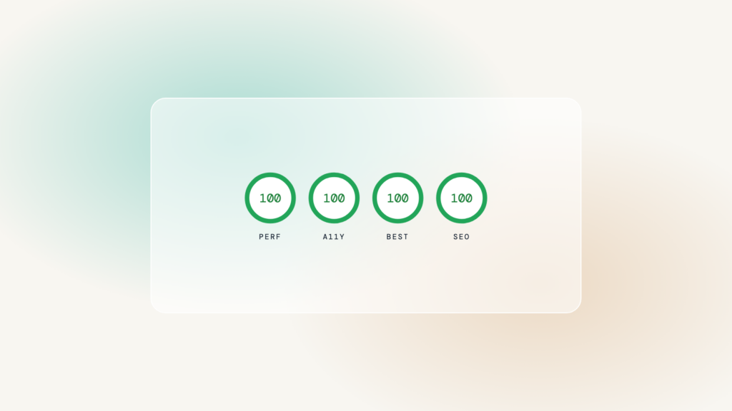 Four green score rings reading 100: performance, accessibility, best practices and SEO.