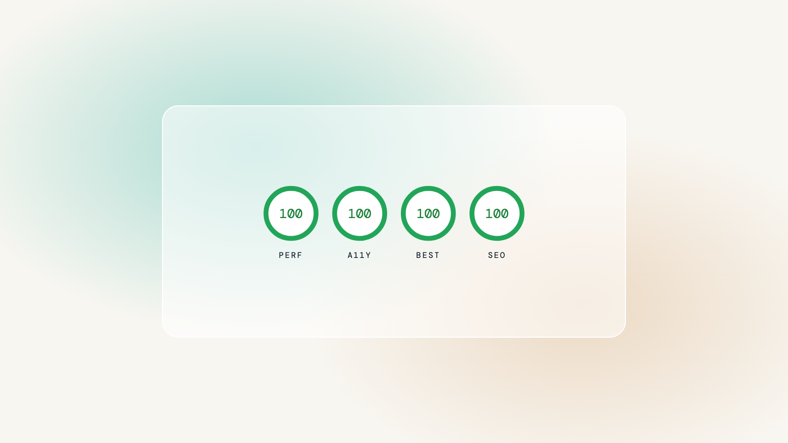 Four green score rings reading 100: performance, accessibility, best practices and SEO.