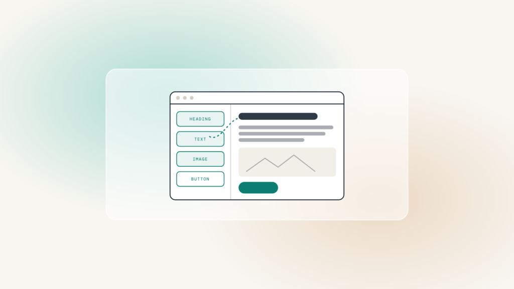 A website editor with heading, text, image and button blocks on the left, building a page on the right.