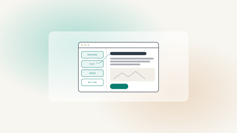 A website editor with heading, text, image and button blocks on the left, building a page on the right.