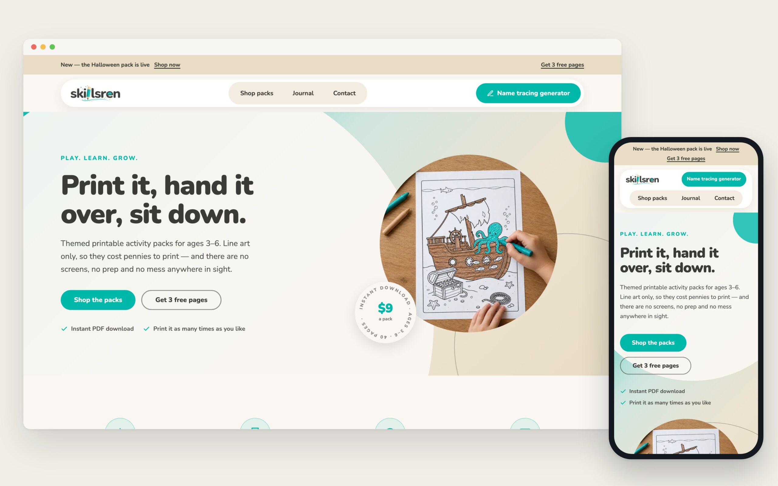 The SkillsRen homepage on a desktop browser and a phone: Print it, hand it over, sit down, with a round photo of a child coloring.